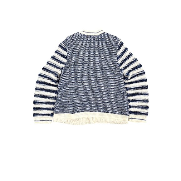 Talbots Womens XL Blue White Striped Fair Isle Eyelash Trim Cardigan Sweater - Picture 2 of 7